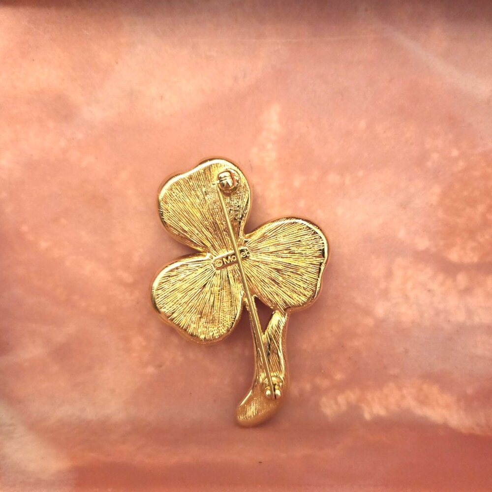Vintage Monet 3-Leaf Clover Heart Shaped Faux Pearls Brooch - Picture 2 of 3